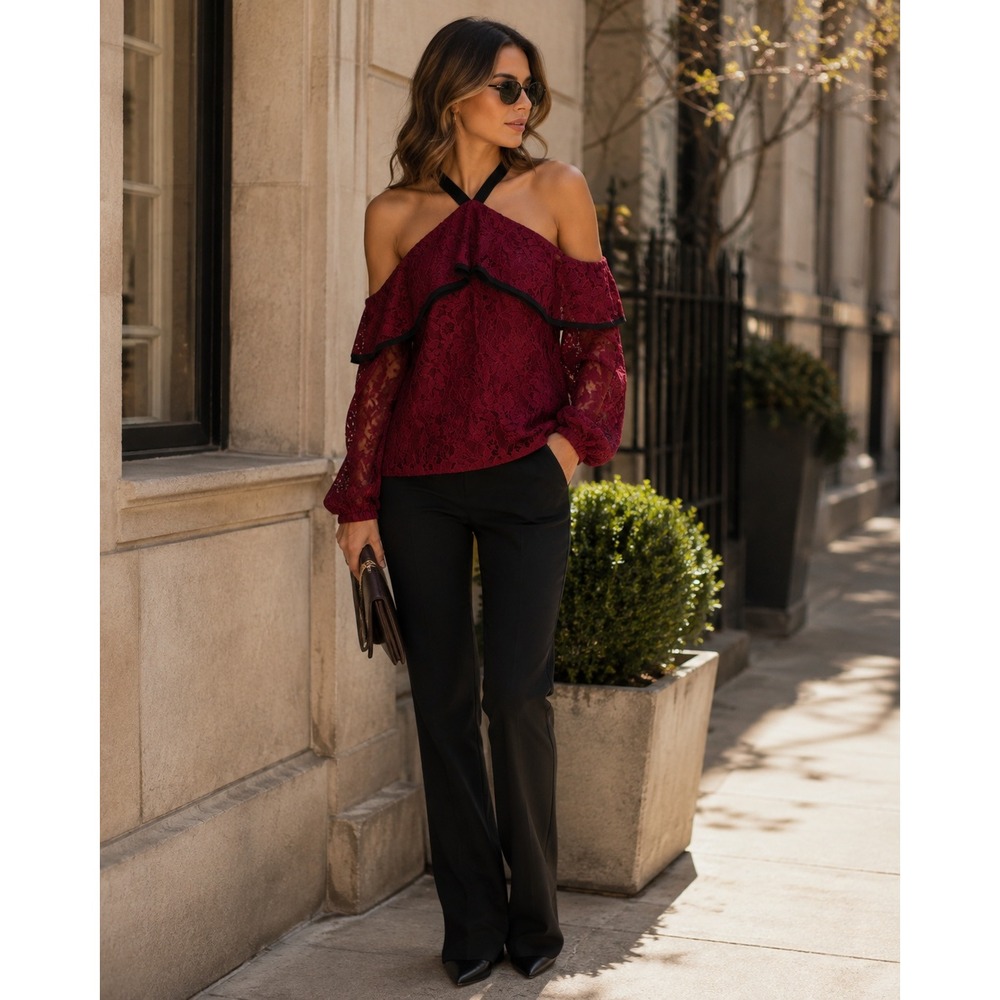 WAYF Top Women Small Red Purple‎ Lace Cold Shoulder Romantic Gothic Boho
